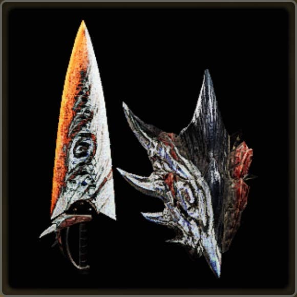 A close-up of a weapon in Monster Hunter Wilds against a black background.