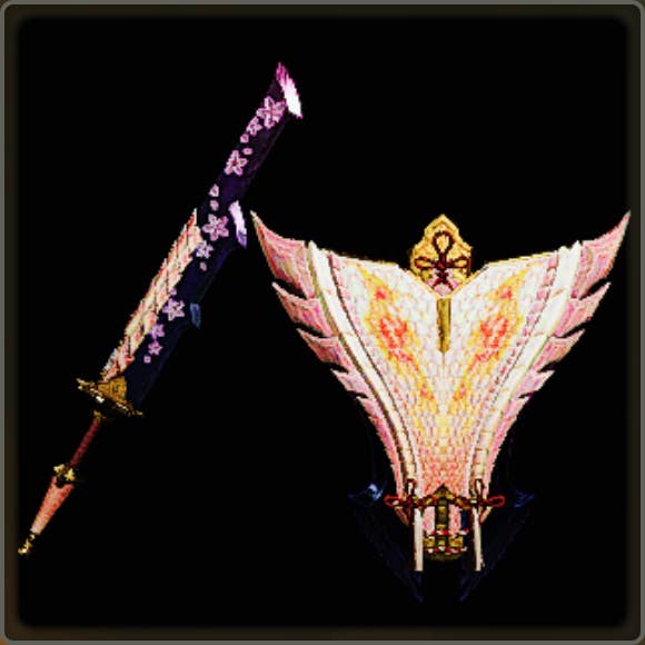 A close-up of a weapon in Monster Hunter Wilds against a black background.