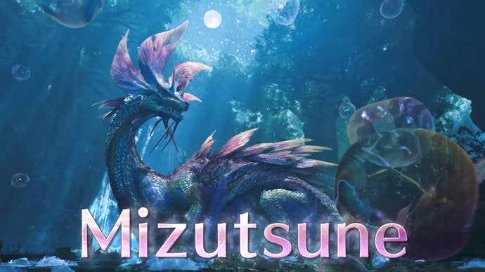Mizutsune, a large monster in Monster Hunter Wilds, stands amid a coral-esque underwater scene.