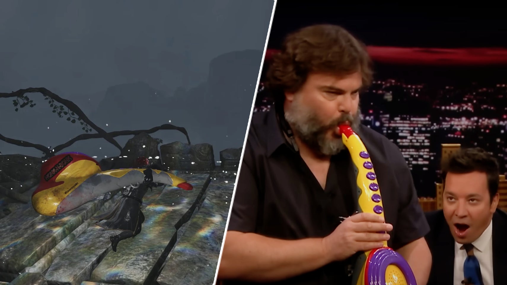 Jack Black playing a Sax-A-Boom opposite a Sax-A-Boom in Monster Hunter Wilds. - 1