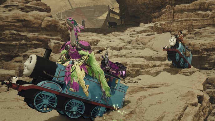 Monster Hunter Wilds characters riding Thomas The Tank Engine.