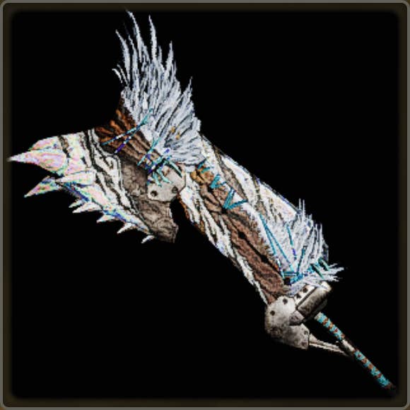 A close-up of a weapon in Monster Hunter Wilds against a black background.