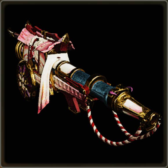 A close-up of a weapon in Monster Hunter Wilds against a black background.