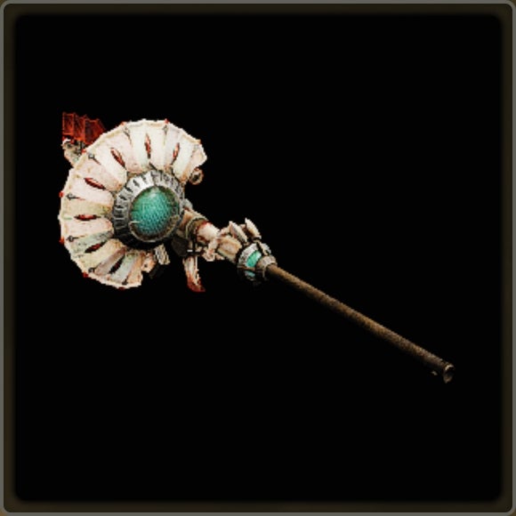 A close-up of a weapon in Monster Hunter Wilds against a black background.