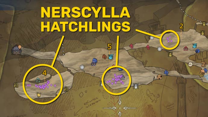 Part of the Iceshard Cliffs map in Monster Hunter Wilds, with three locations with a high concentration of Nerscylla Hatchlings highlighted with yellow circles.