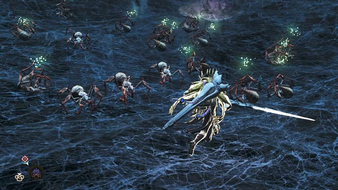 The player hunter in Monster Hunter Wilds faces off against a number of Nerscylla Hatchlings in a cave while perched atop a giant Nerscylla web.