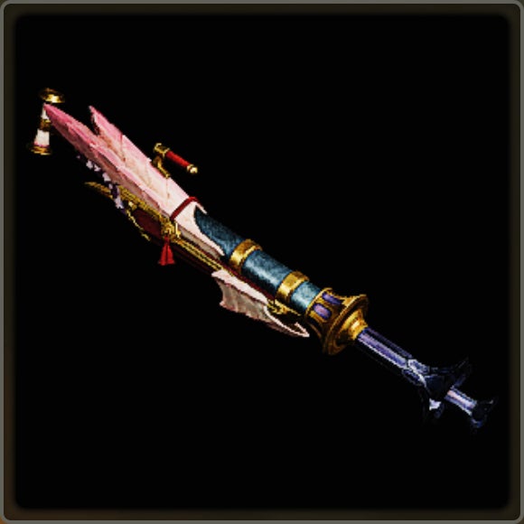 A close-up of a weapon in Monster Hunter Wilds against a black background.