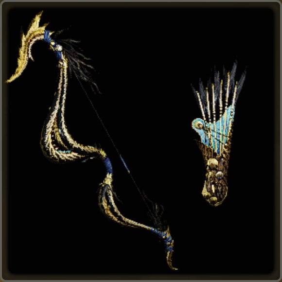 A close-up of a weapon in Monster Hunter Wilds against a black background.