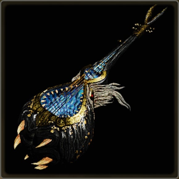A close-up of a weapon in Monster Hunter Wilds against a black background.