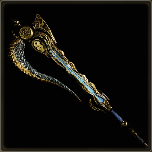 A close-up of a weapon in Monster Hunter Wilds against a black background.