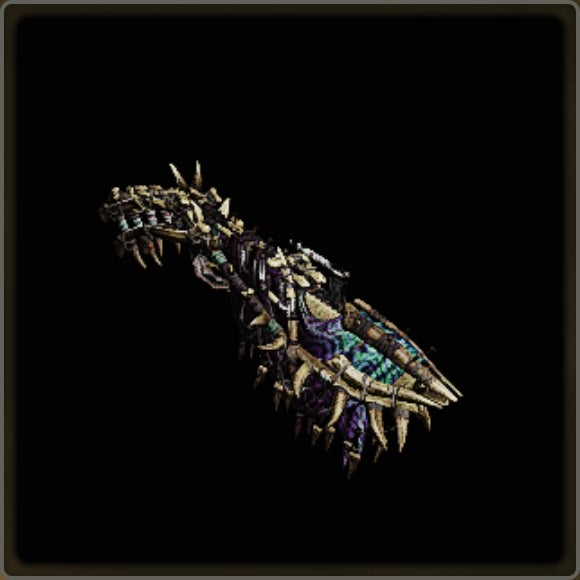A close-up of a weapon in Monster Hunter Wilds against a black background.