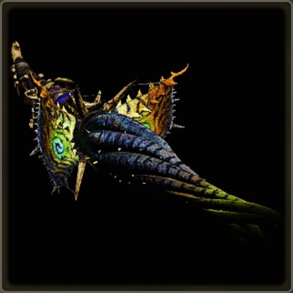 A close-up of a weapon in Monster Hunter Wilds against a black background.