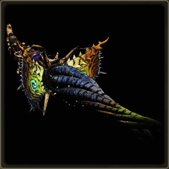 A close-up of a weapon in Monster Hunter Wilds against a black background.