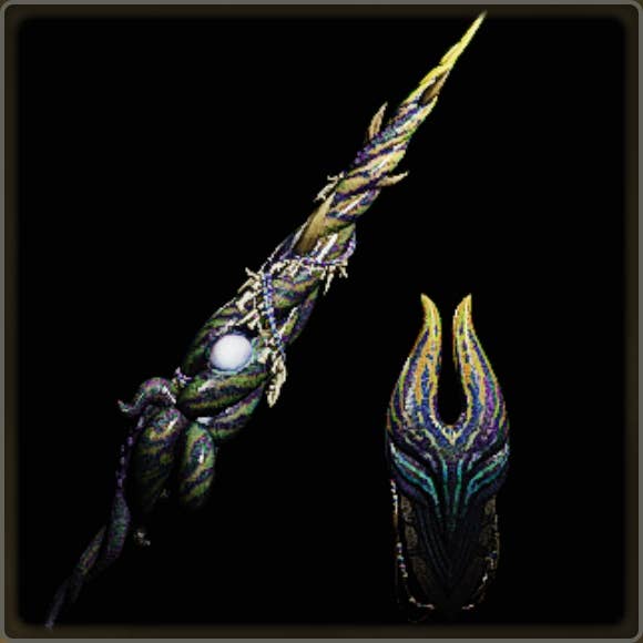 A close-up of a weapon in Monster Hunter Wilds against a black background.