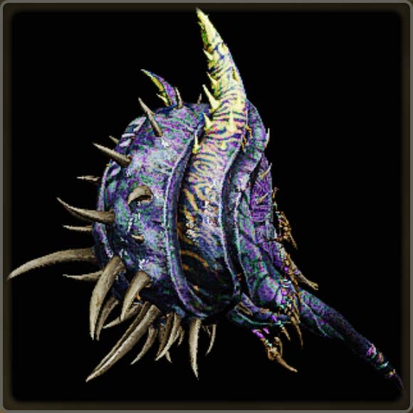 A close-up of a weapon in Monster Hunter Wilds against a black background.