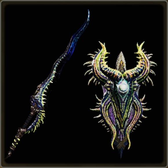 A close-up of a weapon in Monster Hunter Wilds against a black background. - 15