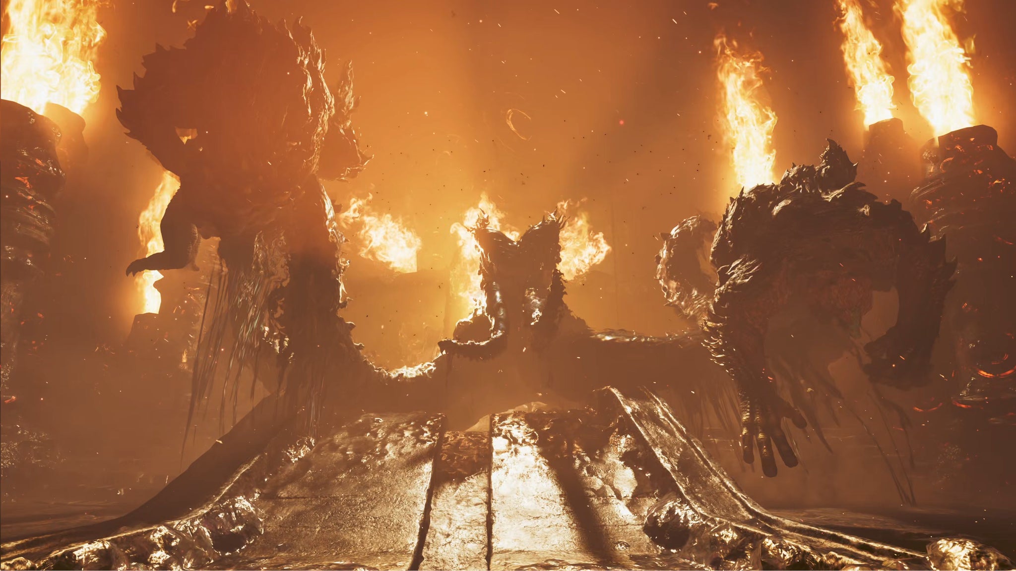 Nu Udra, a large monster in Monster Hunter Wilds, holds aloft two Ajarakan with its tentacles amid a background of fire. - 16