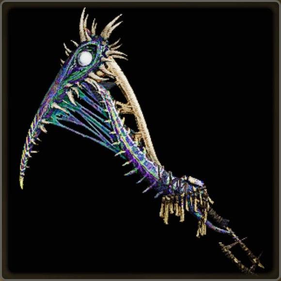 A close-up of a weapon in Monster Hunter Wilds against a black background. - 10