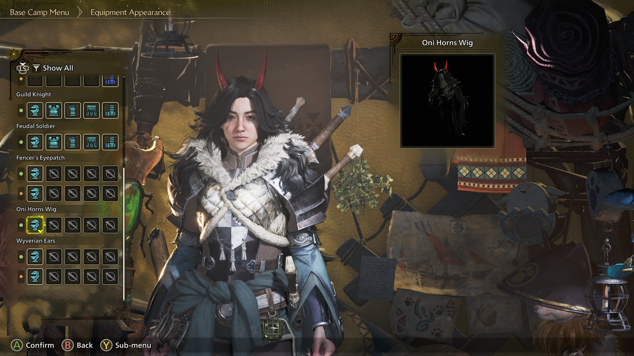 A hunter in Monster Hunter Wilds trying on the Oni Horns Wig layered armor inside their tent. - 4