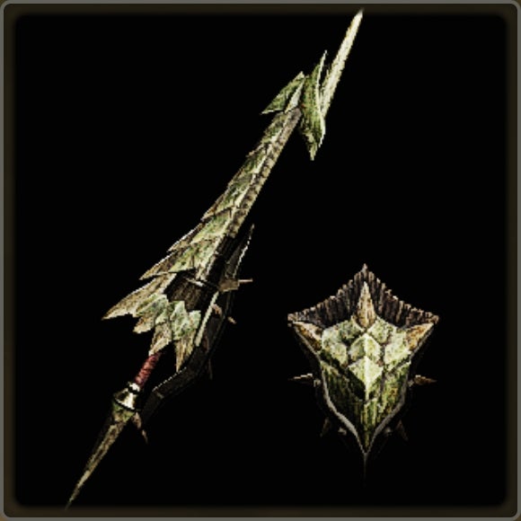 A close-up of a weapon in Monster Hunter Wilds against a black background.