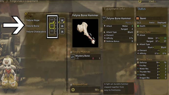 monster hunter wilds palico equipment crafting menu palico weapon options