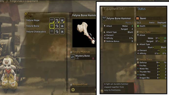 monster hunter wilds palico equipment crafting menu palico weapon stats and palico stats