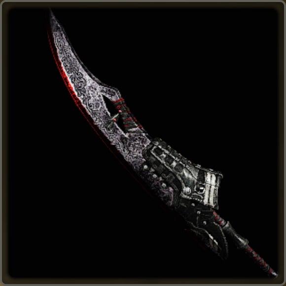 A close-up of a weapon in Monster Hunter Wilds against a black background.