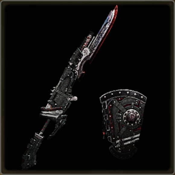 A close-up of a weapon in Monster Hunter Wilds against a black background.