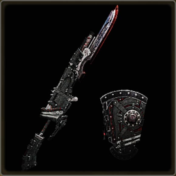 A close-up of a weapon in Monster Hunter Wilds against a black background.