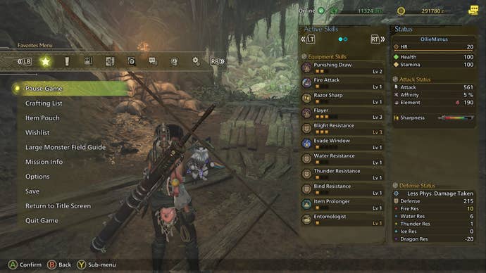 A screenshot of the favourites menu in Monster Hunter Wilds, with the Pause option highlighted.