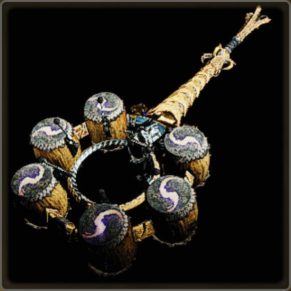 A close-up of a weapon in Monster Hunter Wilds against a black background.