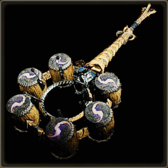 A close-up of a weapon in Monster Hunter Wilds against a black background.
