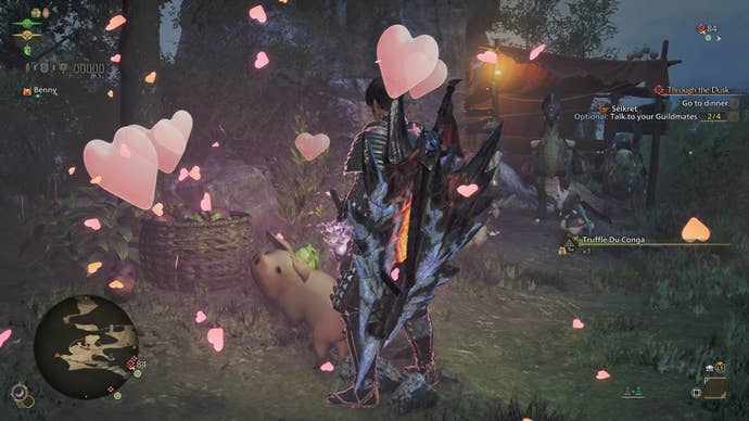 A hunter petting the pig, Poogie, with pink hearts drifting into the air around them in Monster Hunter Wilds.