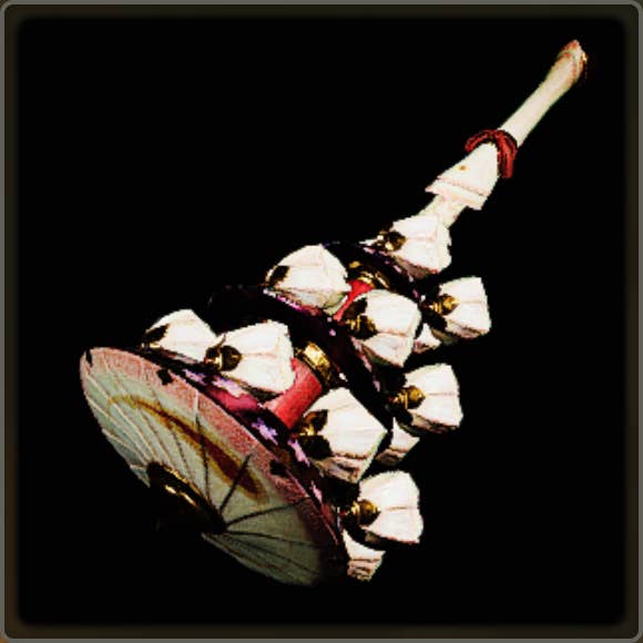 A close-up of a weapon in Monster Hunter Wilds against a black background.
