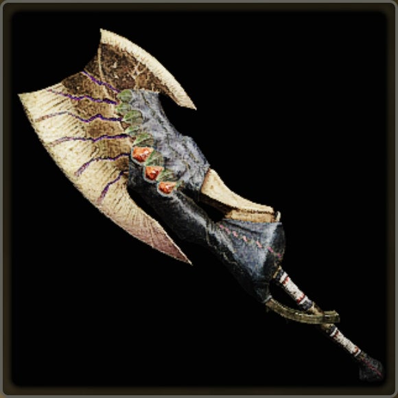 A close-up of a weapon in Monster Hunter Wilds against a black background.