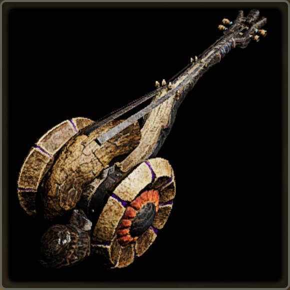 A close-up of a weapon in Monster Hunter Wilds against a black background.
