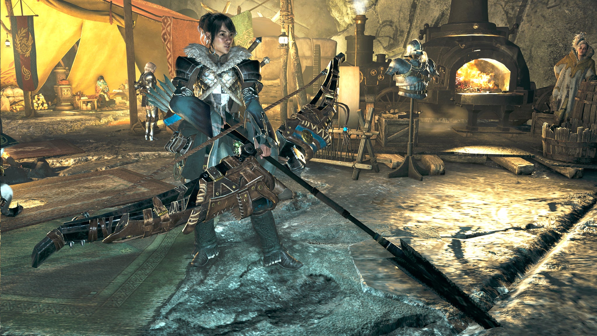 A female hunter in Monster Hunter Wilds poses in front of the camera with their weapon of choice, the Bow. - 4