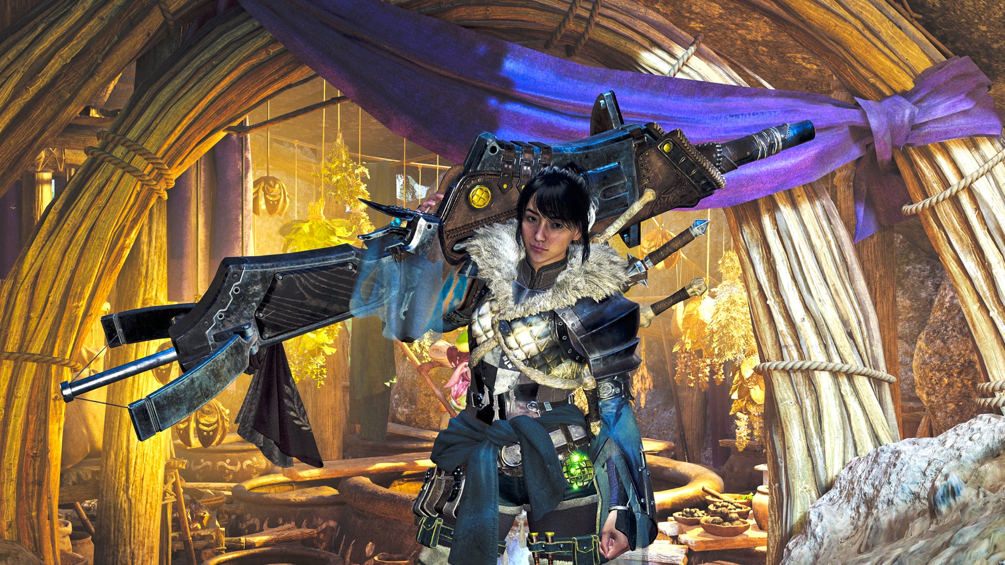 A female hunter in Monster Hunter Wilds poses in front of the camera with their weapon of choice, the Heavy Bowgun. - 1