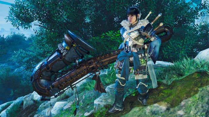 A female hunter in Monster Hunter Wilds poses in front of the camera with their weapon of choice, the Hunting Horn.