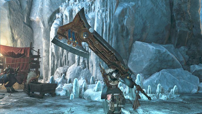 A female hunter in Monster Hunter Wilds poses in front of the camera with their weapon of choice, the Switch Axe.