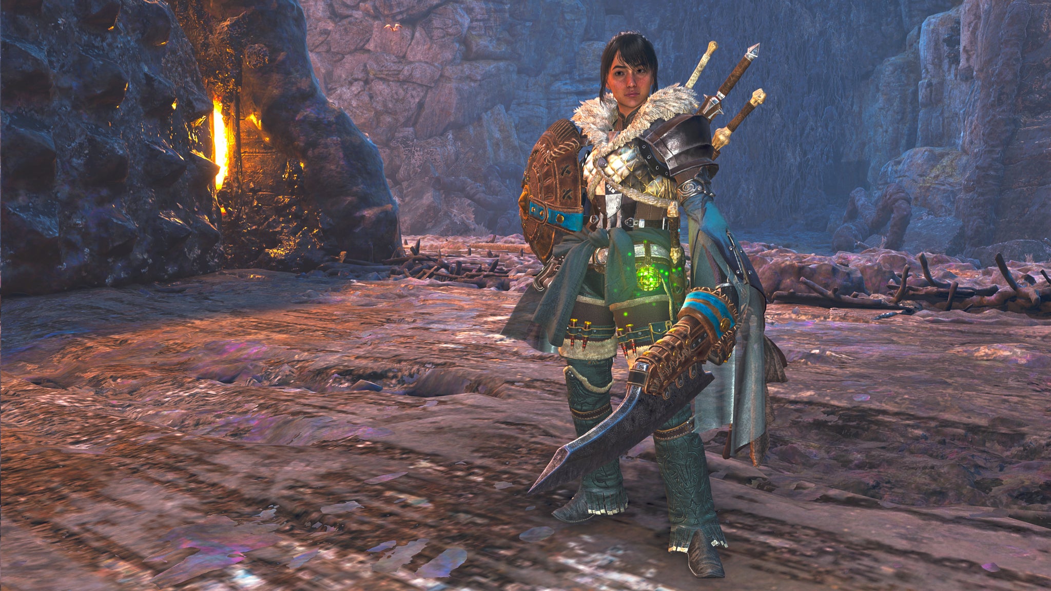 A female hunter in Monster Hunter Wilds poses in front of the camera with their weapon of choice, the Sword And Shield. - 4