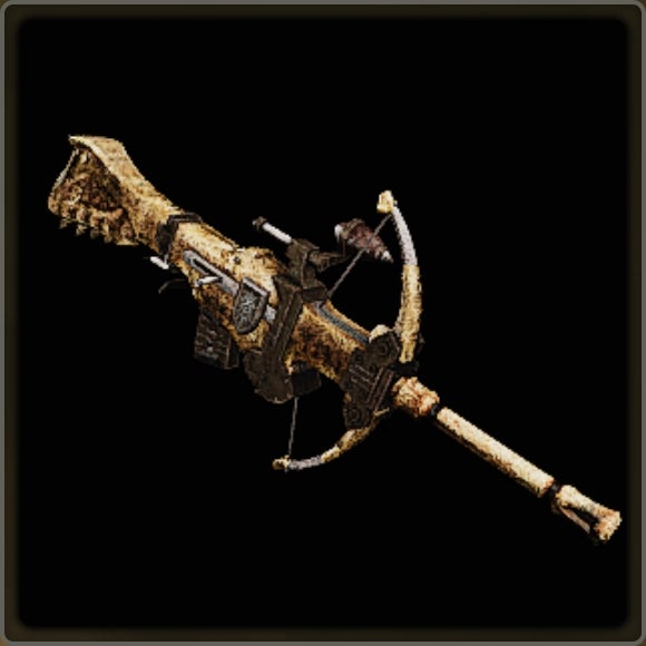 A close-up of a weapon in Monster Hunter Wilds against a black background.