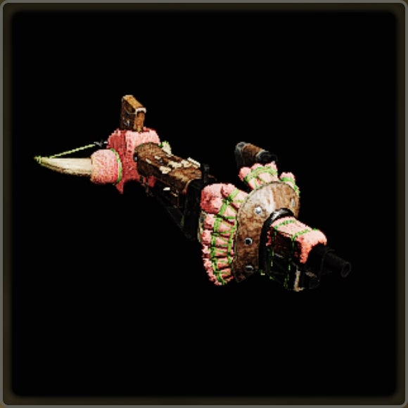 A close-up of a weapon in Monster Hunter Wilds against a black background.