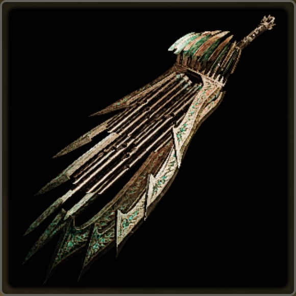 A close-up of a weapon in Monster Hunter Wilds against a black background.