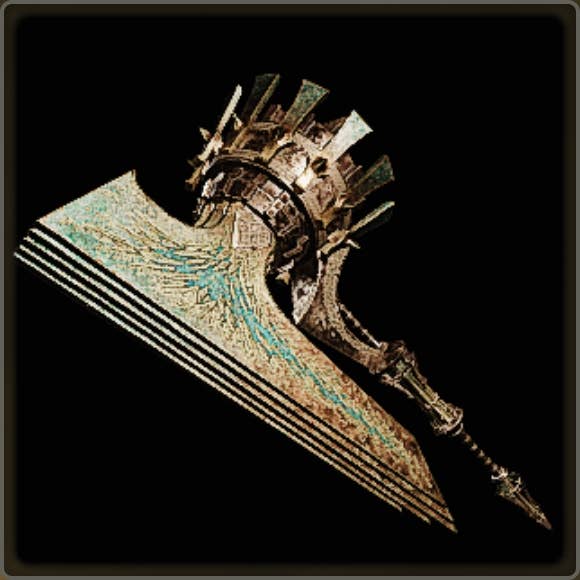 A close-up of a weapon in Monster Hunter Wilds against a black background.