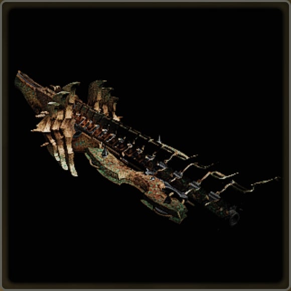 A close-up of a weapon in Monster Hunter Wilds against a black background.