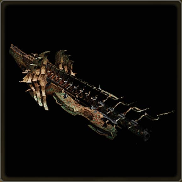 A close-up of a weapon in Monster Hunter Wilds against a black background.