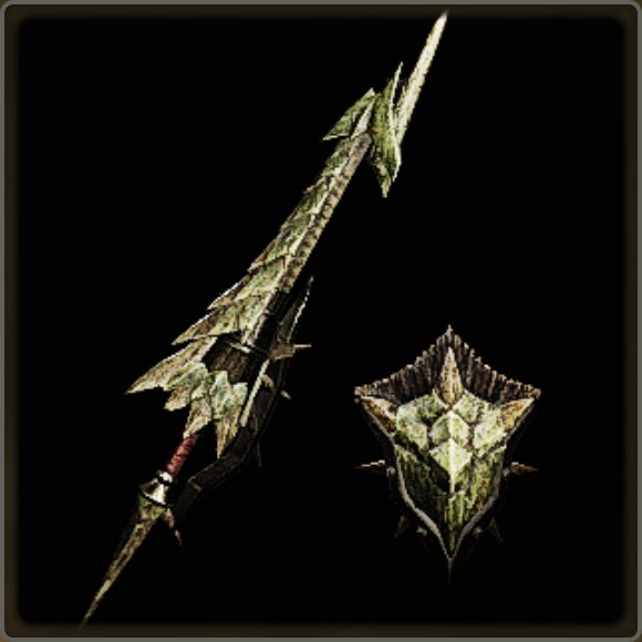 A close-up of a weapon in Monster Hunter Wilds against a black background.