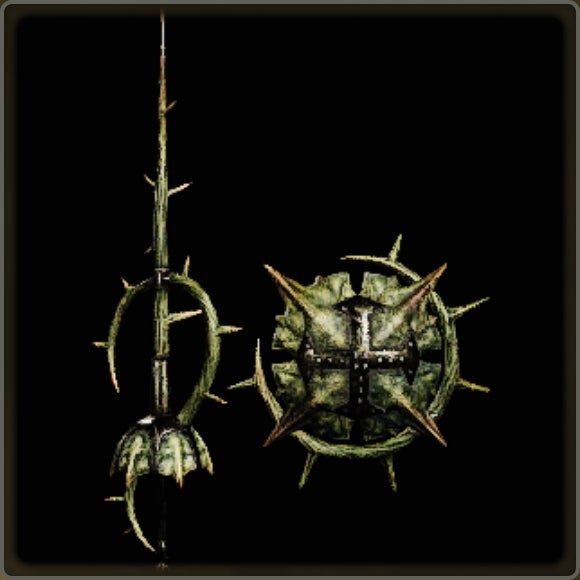 A close-up of a weapon in Monster Hunter Wilds against a black background.