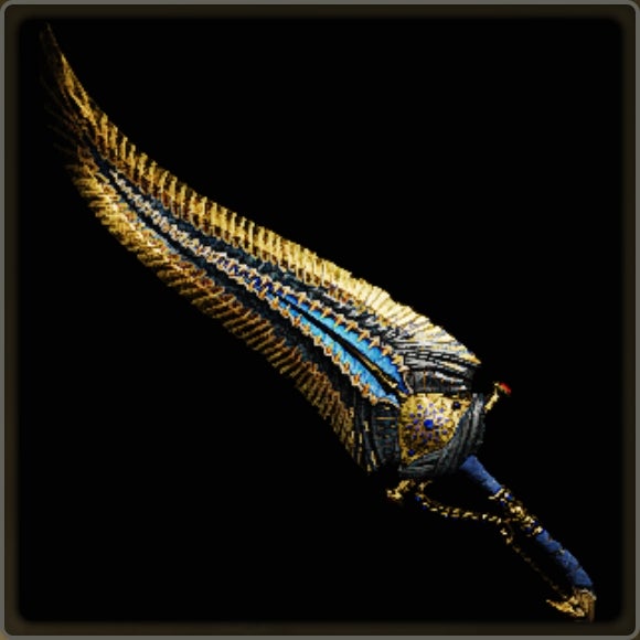 A close-up of a weapon in Monster Hunter Wilds against a black background.